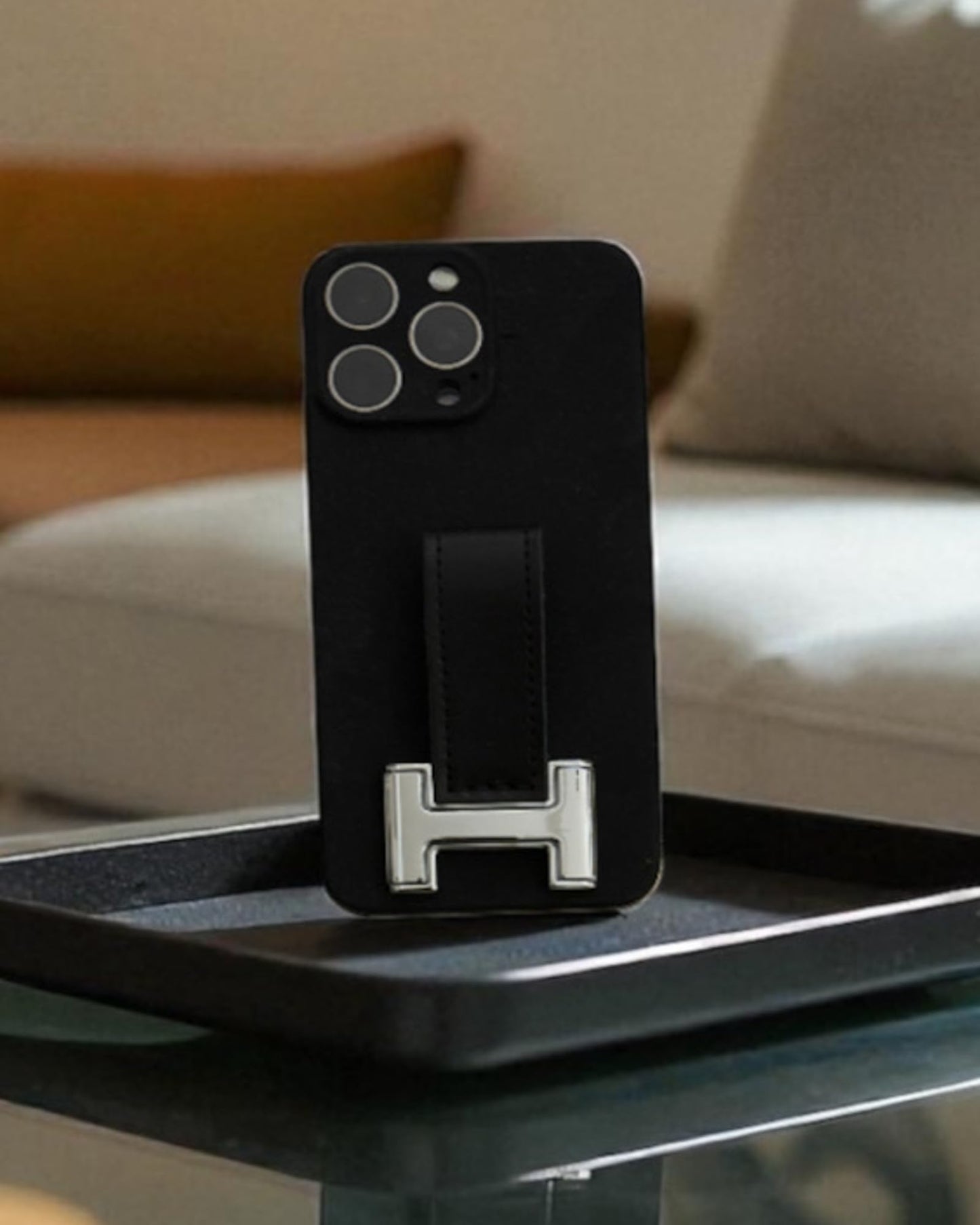 Hero Luxury Phone Grip with Premium Leather Loop, Metal Buckle, Built-in Kickstand (Chrome Buckle + Black Leather)