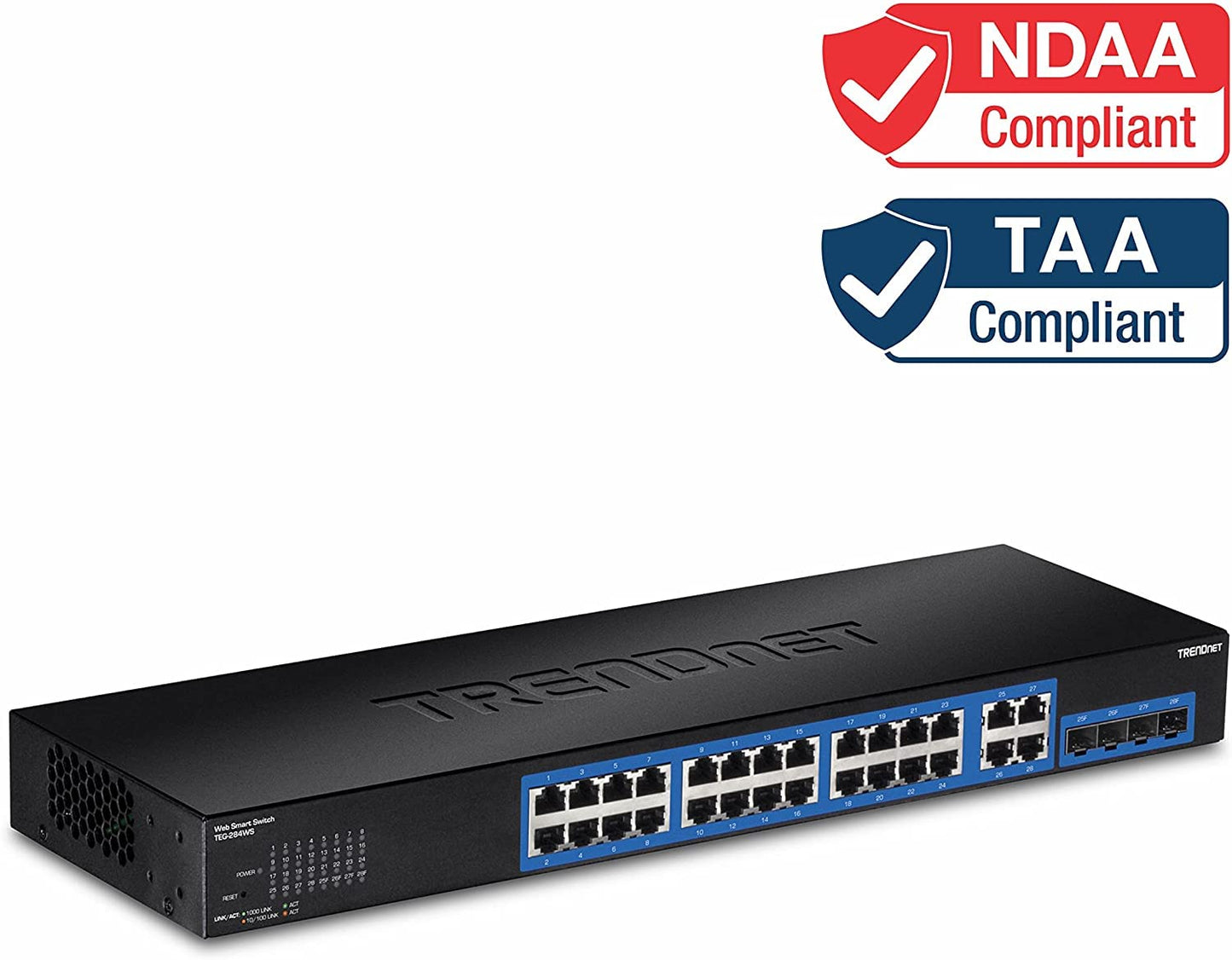 TRENDnet 28-Port Gigabit Web Smart Switch, 24 x Gigabit Ports, 4 x Shared Gigabit Ports (RJ-45/SFP), VLAN, QoS, LACP, IPv6, 56Gbps Switching Capacity