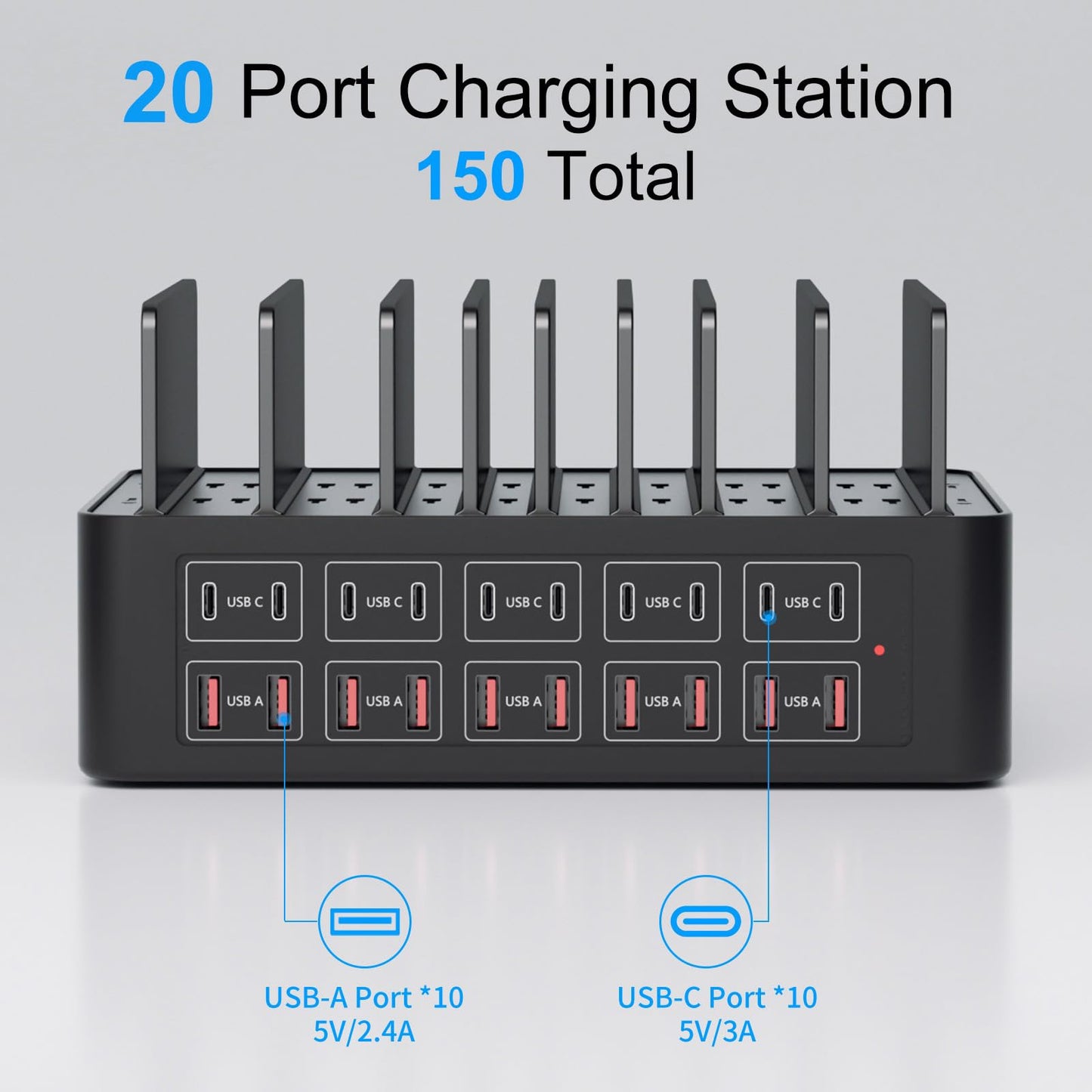 150W/35A Charging Station for Multiple Devices, 20 Port USB C Fast Charging Station with Adjustable Dividers - Organizer Charging Dock for Smartphone