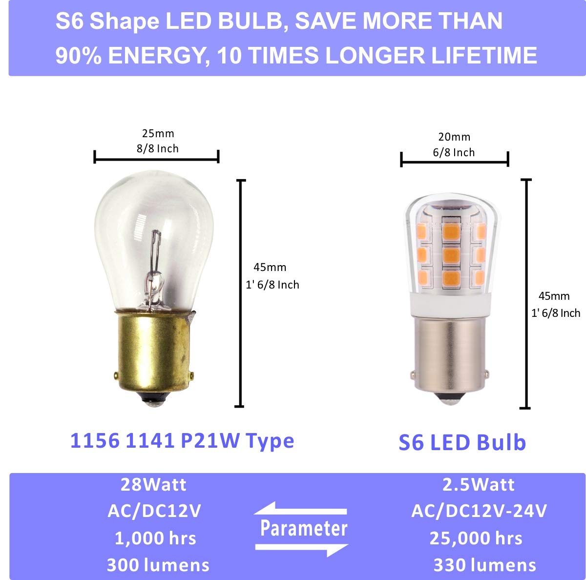 1156 1141 93 12V Low Voltage BA15S Bayonet LED Light Bulb - 2.5W 330lm Equivalent to 35W S8 Incandescent - Warm White 3000K - Pack of 4 for Landscape