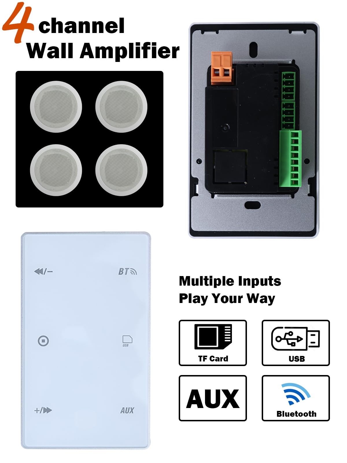 QAU Bluetooth in Wall in Ceiling Speakers with 4-Channel Wall Amplifier, 6.5" 2-Way Flush Mount Speakers System, TF/USB/AUX, for Home Theater Office
