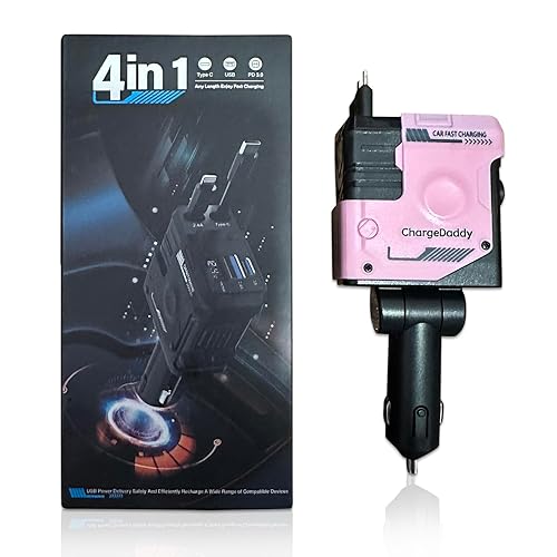ChargeDaddy 4-in-1 Retractable Car Charger, 120W Fast Charging, USB & Type-C Ports, Pink