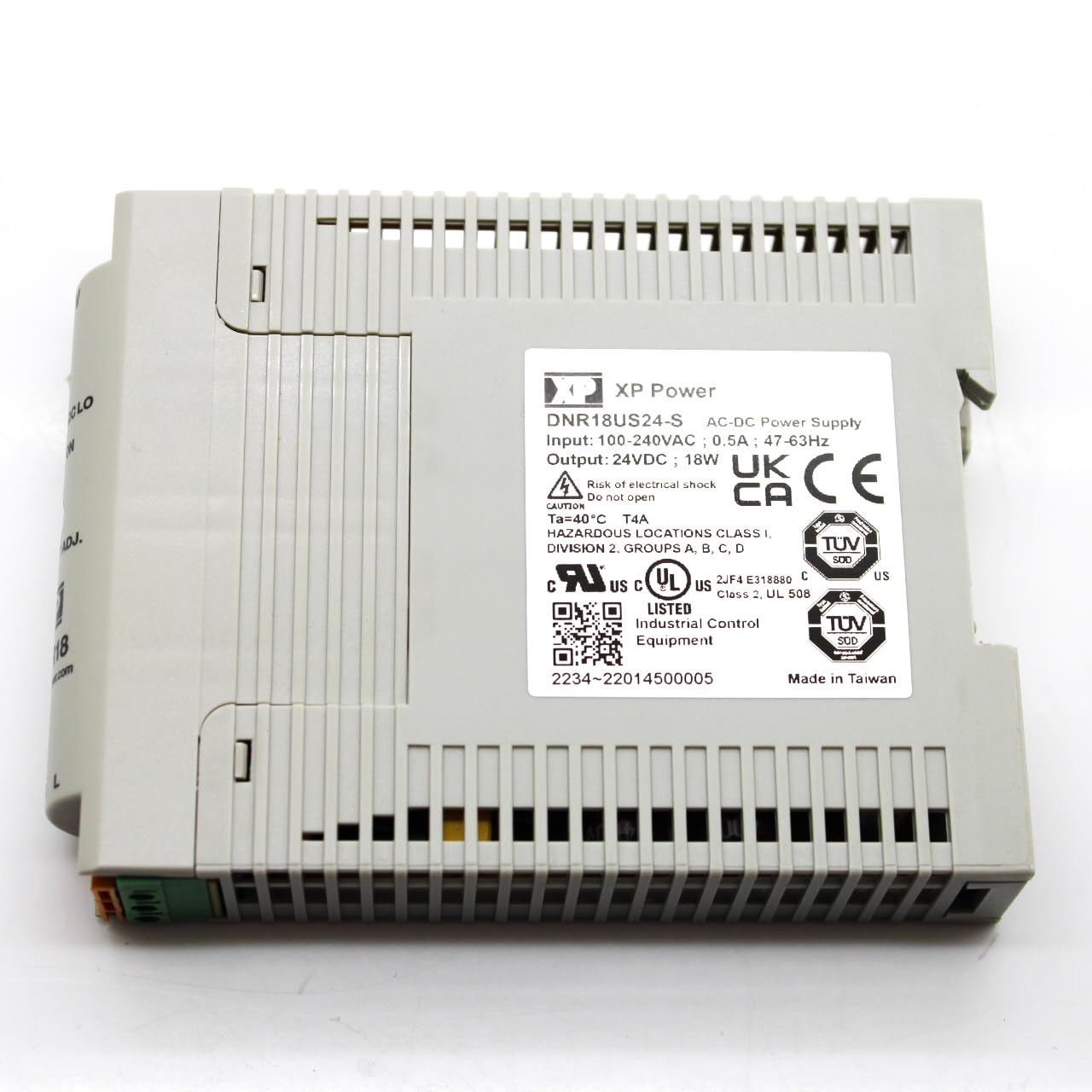 XP POWER DNR18US24-S Power Supply; AC-DC; 24V 0.75A, 90-264VAC in; Adj Vout, Enclosed; 18W; DIN Rail;