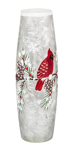 Cypress Home Beautiful Christmas Pine Cones and Cardinal Hand Painted Glass LED Cylinder Table Décor - 4 x 4 x 12 Inches Indoor/Outdoor Decoration