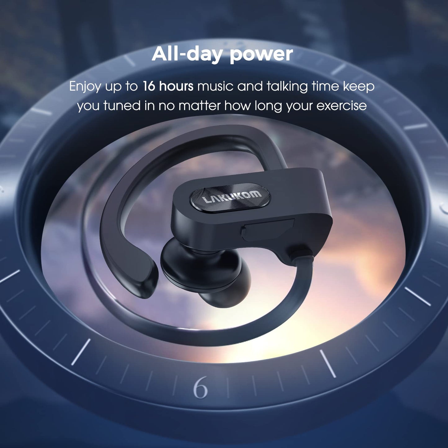 Lakukom Bluetooth Headphones, Deep Bass Wireless Running Headphones w/16 Hrs Playtime, Bluetooth Earbuds in-Ear w/Earhooks, IPX7 Waterproof Sports