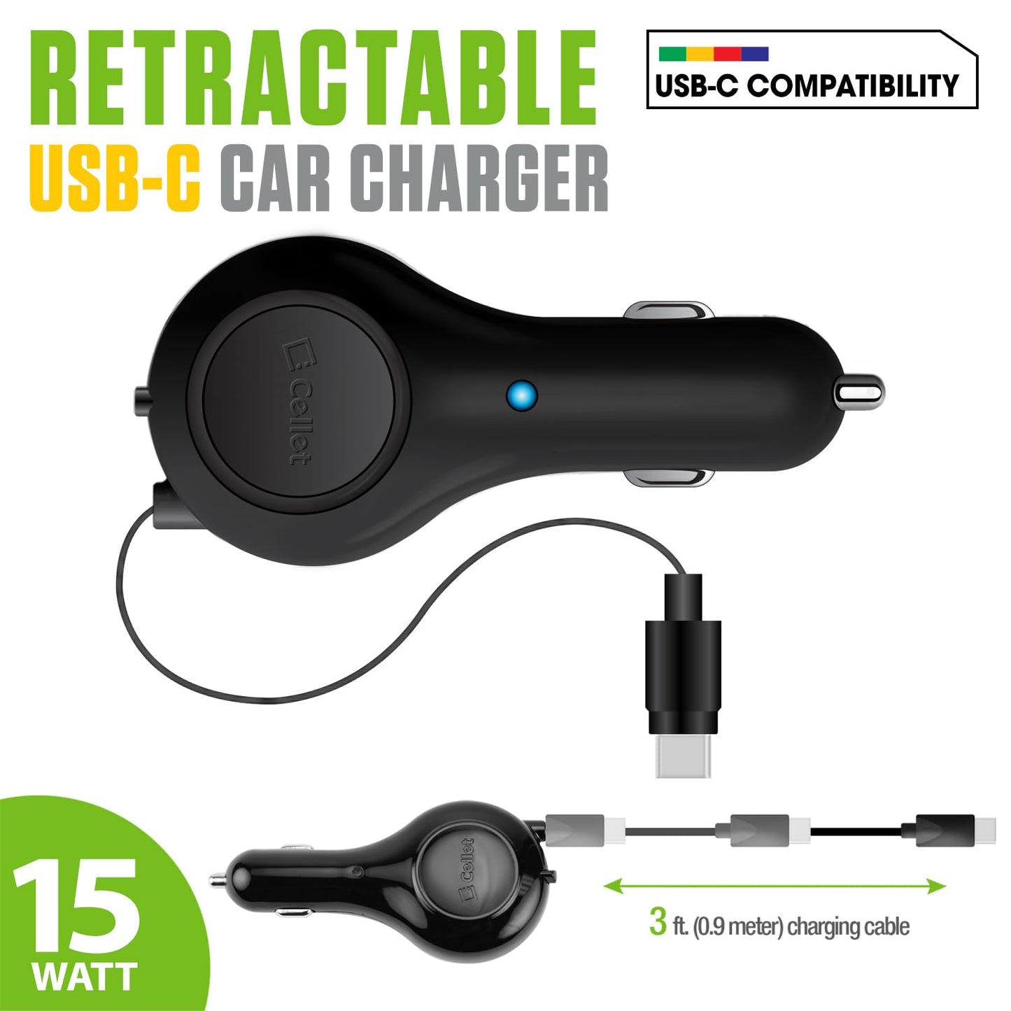 Retractable USB-C Car Charger - 15W Fast Charging, 3.3ft Cable, 3A Output, Blue LED Indicator - Compatible with Apple iPhone 15/16 Series & Android