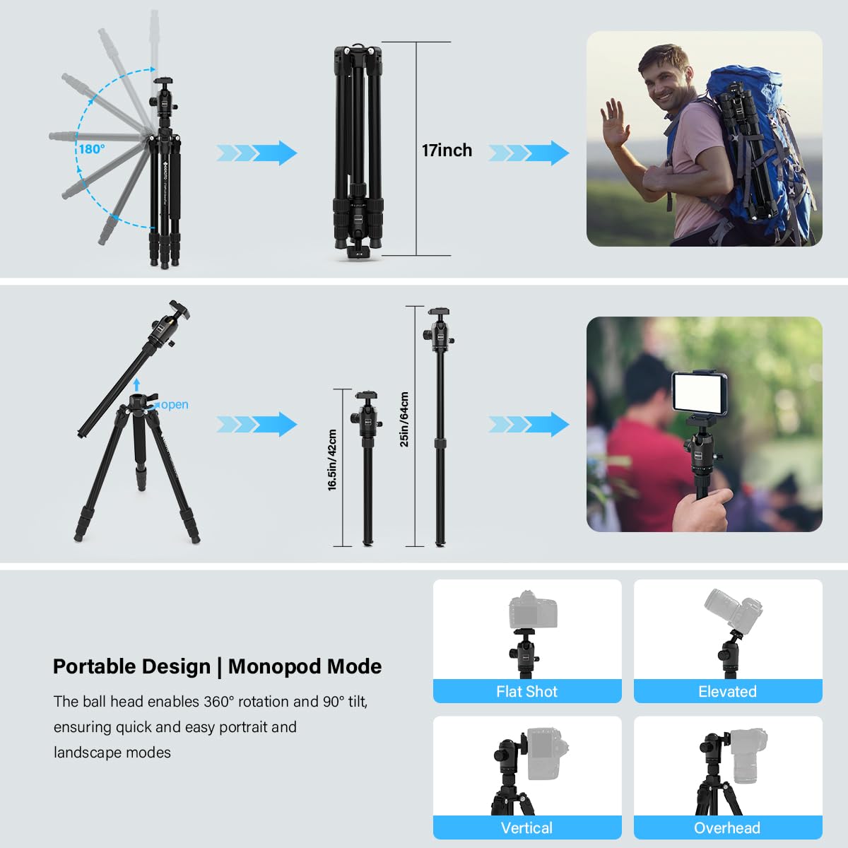 GEEKOTO 65" Carbon Fiber Camera Tripod,Heavy Duty Tripod with 360° Ball Head, 1/4" Quick Release Plate, Supports 26.5 lbs, Converts to Monopod