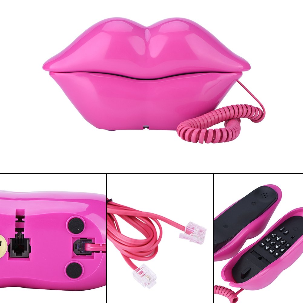 ASHATA Landline Telephone,Corded Telehone Funny Rose Red Lip Plastic Telephone Wire Landline Phone for Home Decoration,for Your Friend