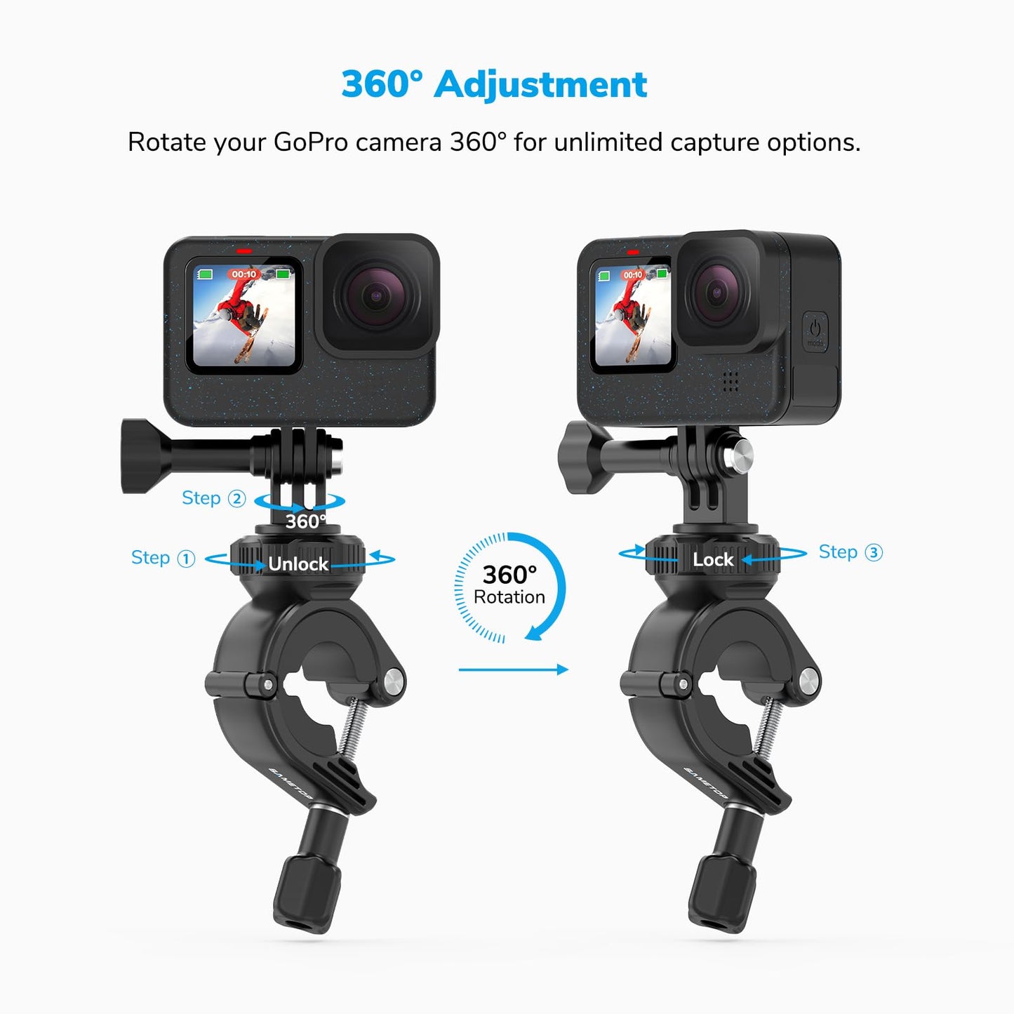Sametop Handlebar Bike Pole Mount Motorcycle Clamp Mount Compatible with GoPro Hero 13 12 11 10 9 8 7 6 5 Session DJI Action Cameras - 360 Degree
