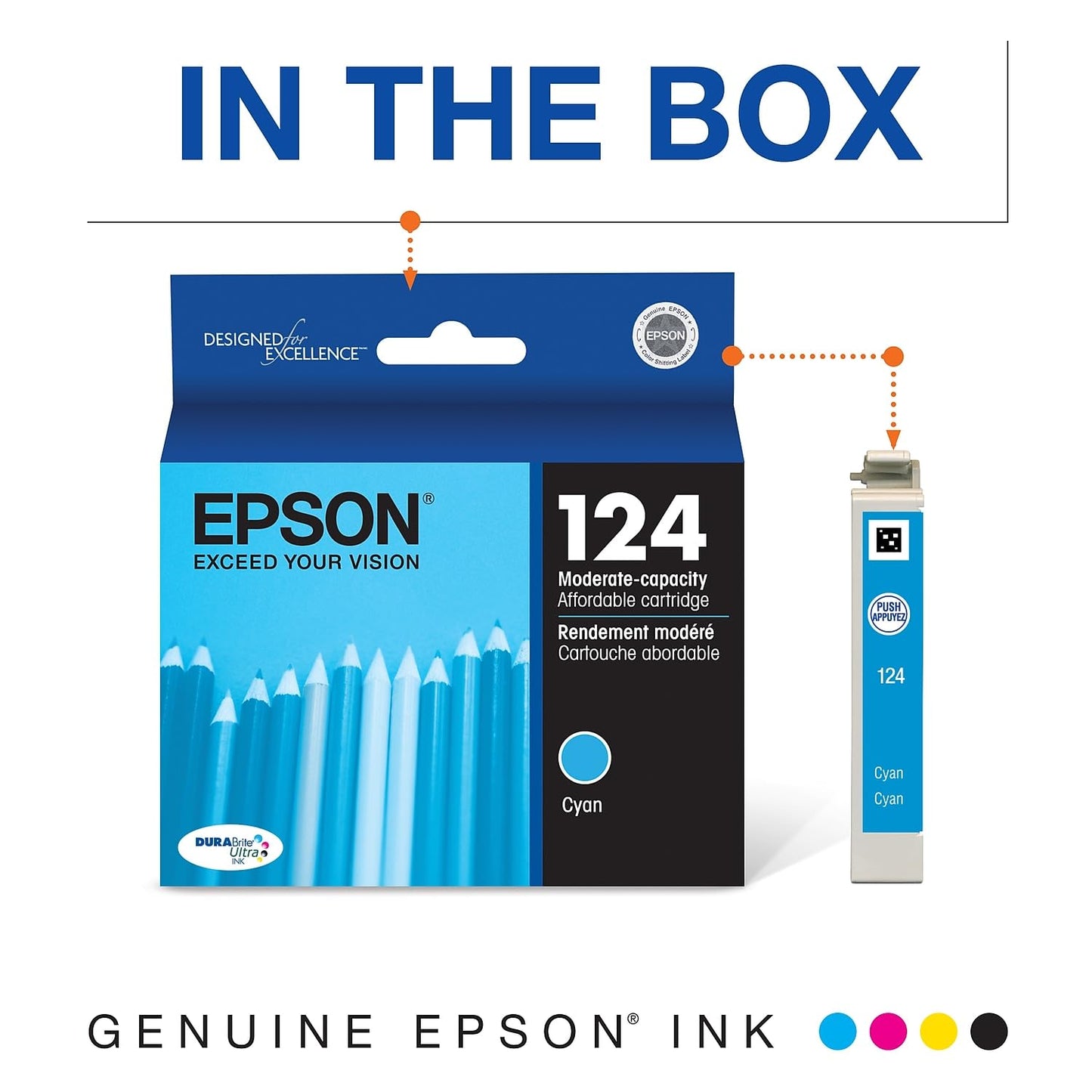 Epson T124 Cyan Standard Yield Ink Cartridge in Retail Packaging