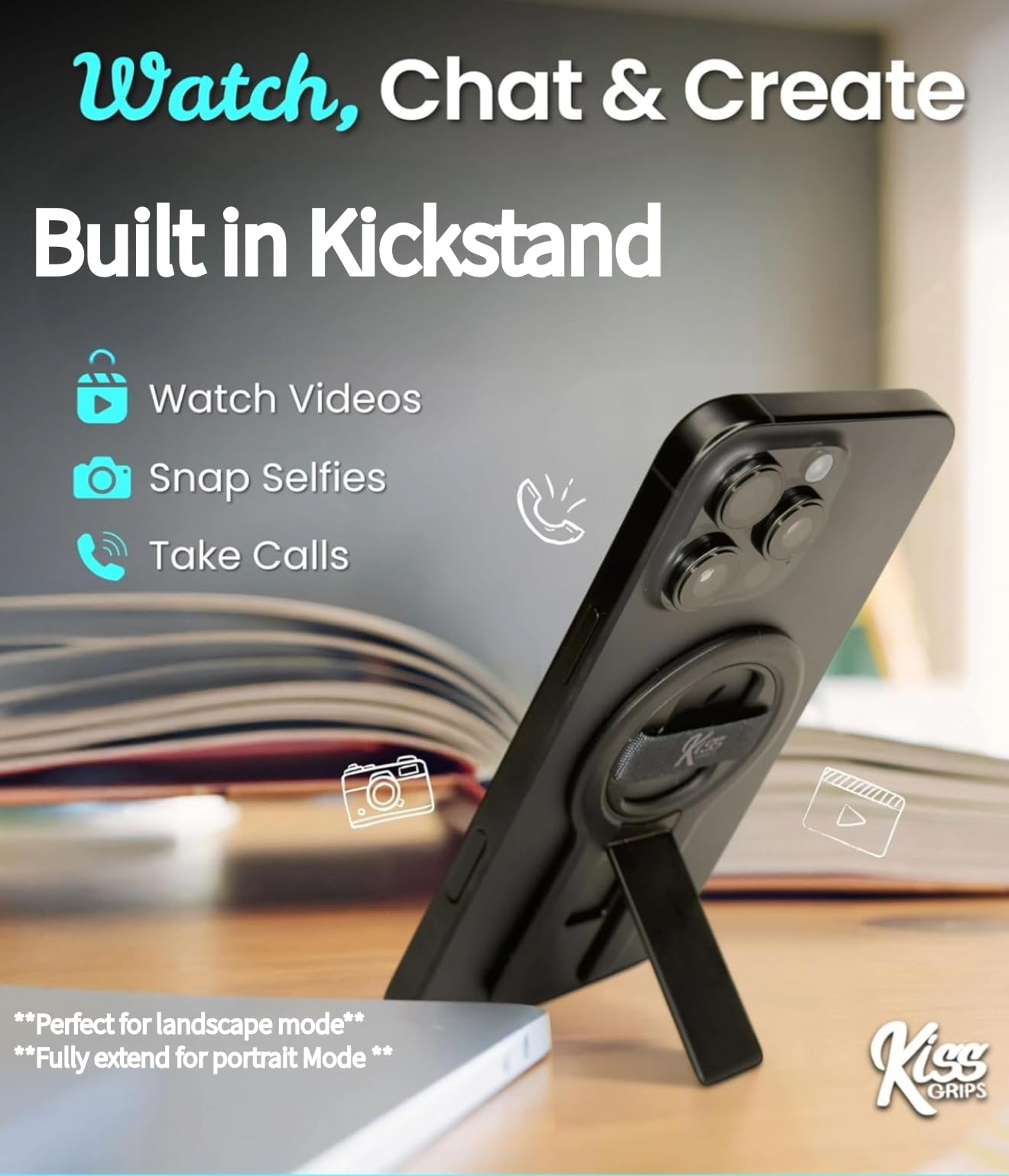 KISS GRIPS Phone Grip for MagSafe, Holder, Loop, and Kickstand - Ultra-Thin Dual Magnetic 360° Spin Tripod, Selfie Stick, Phone Stand - Wireless