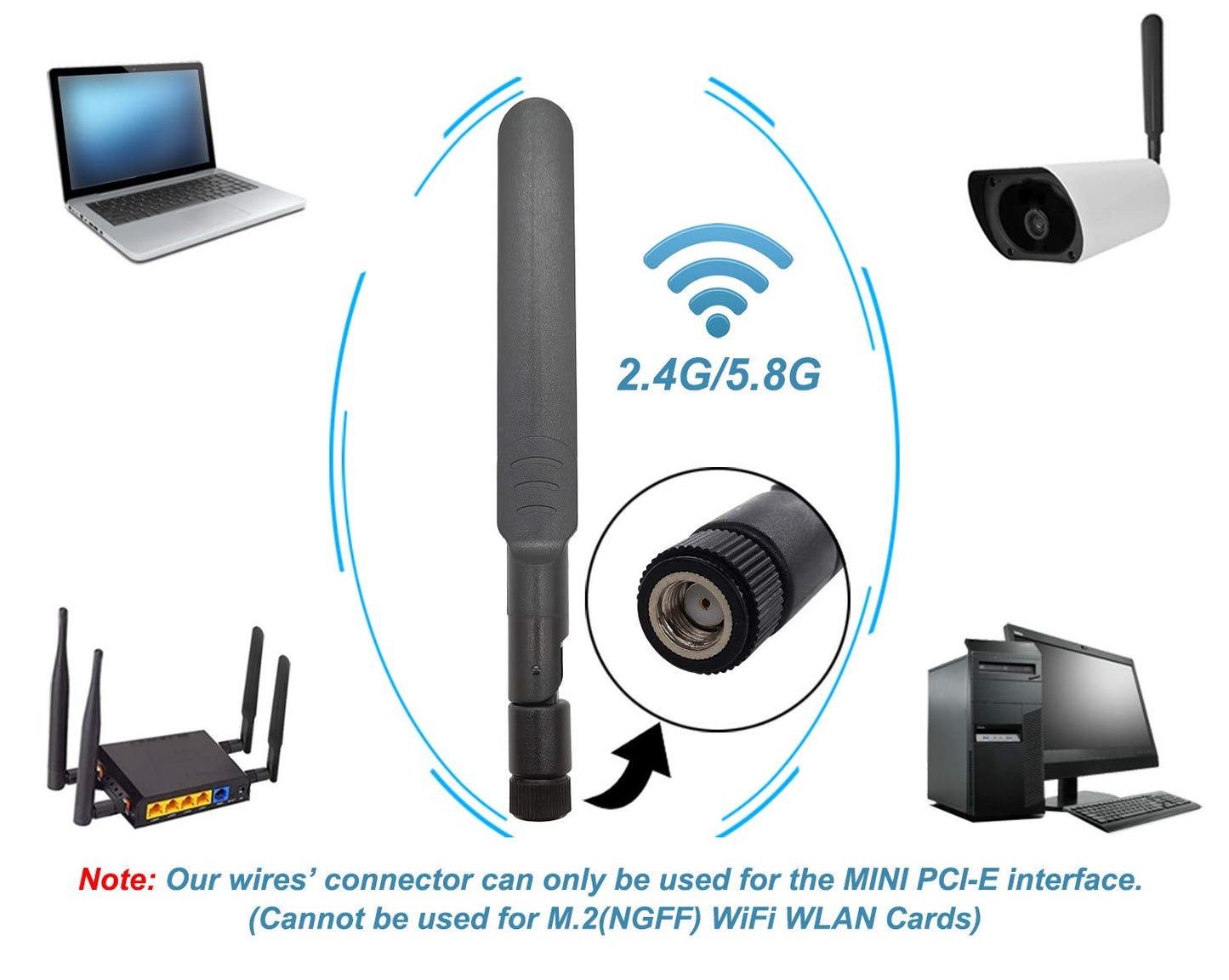 8dBi RP-SMA Male WiFi Antenna + 20cm U.FL to RPSMA Female Extension Cable for Mini PCIe Slot
