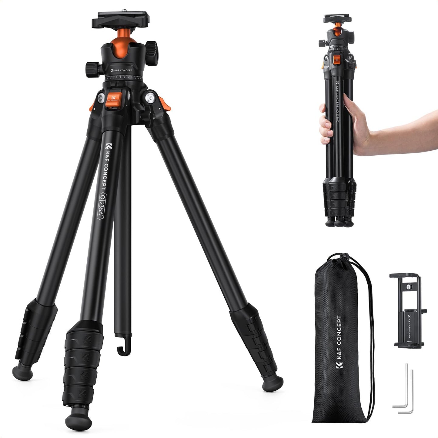 K&F CONCEPT 63" Aluminum Travel Tripod for Camera w Phone Holder, Non-Reversible Lightweight Compact Tripod Weighs 2.6lb, Max Load 22lb for Camera