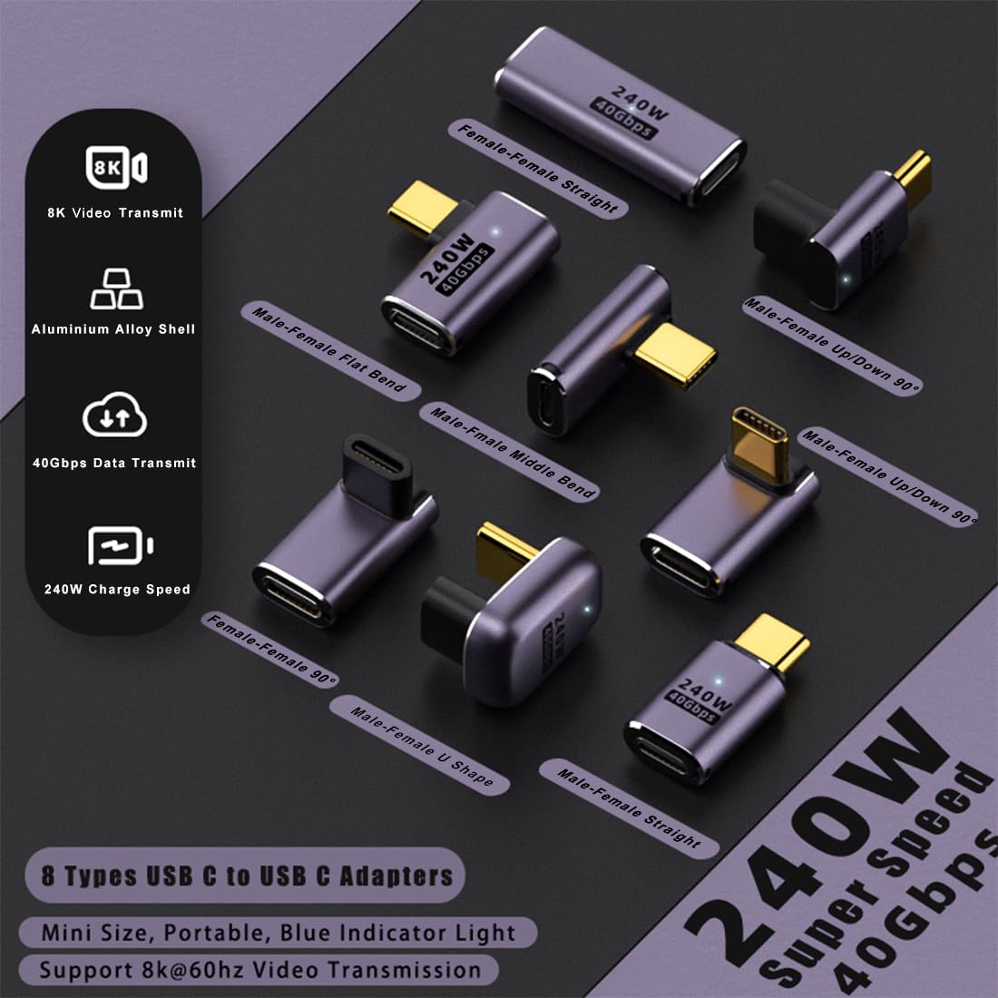 8 Pack USB C Adapter 240W 40Gbps 8K 60Hz, 90 Degree Right Angle, Straight, U Shape, Female to Male, Female to Female USB C Extender for Steam Deck…