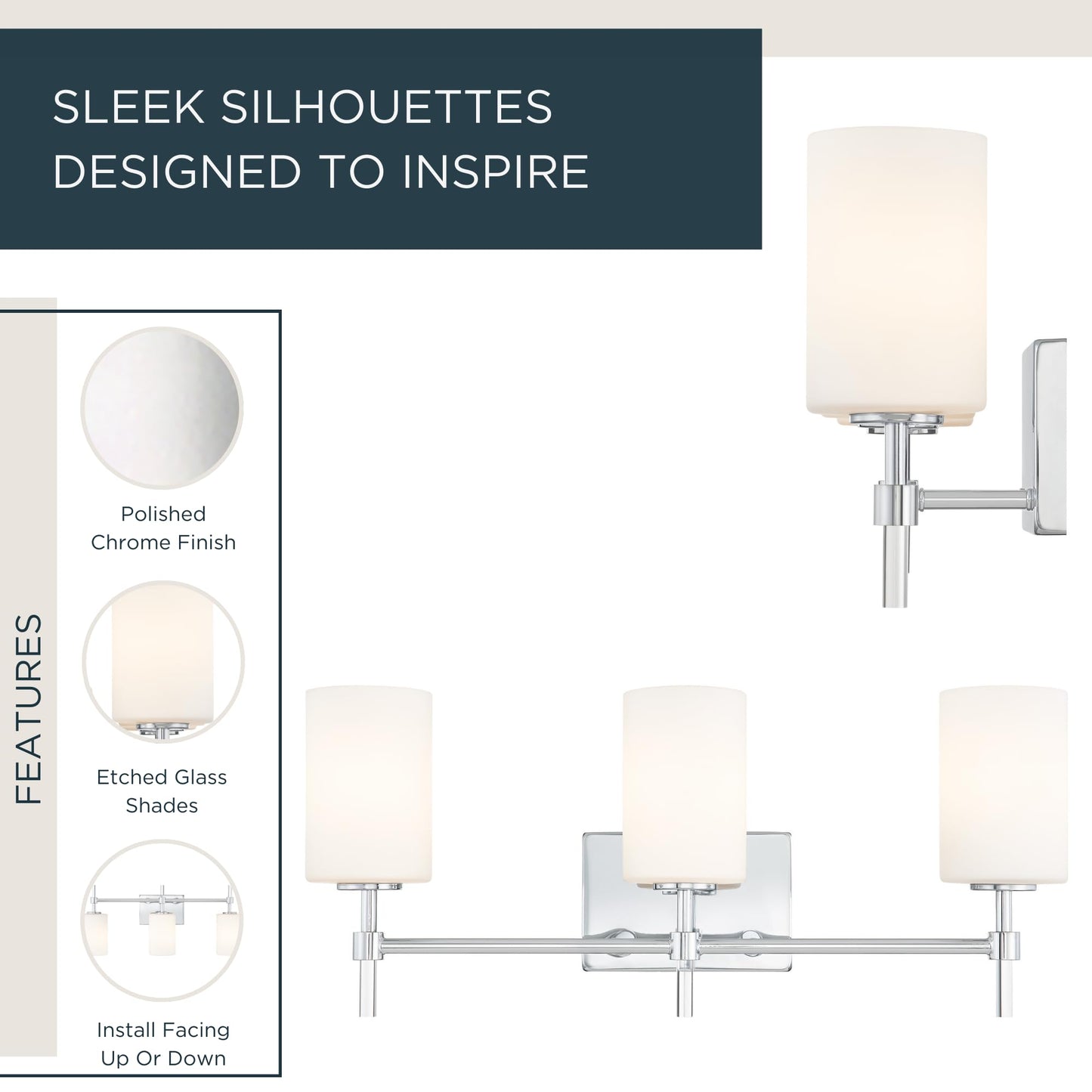 Quoizel Rossfield 24" 3-Light Vanity Light, Chrome with White Etched Glass, Dimmable LED Compatible