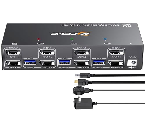 KCEVE KVM Switch 2 Monitors 3 Computers Displayport, USB 3.0 KVM Switch 3 Computer Sharing 2 Monitor and 4 USB 3.0 Devices, 4K@144Hz, Wired Remote(4K