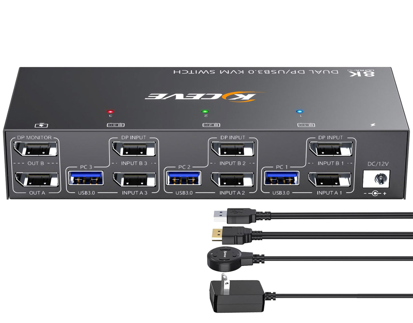 KCEVE KVM Switch 2 Monitors 3 Computers Displayport, USB 3.0 KVM Switch 3 Computer Sharing 2 Monitor and 4 USB 3.0 Devices, 4K@144Hz, Wired Remote(4K