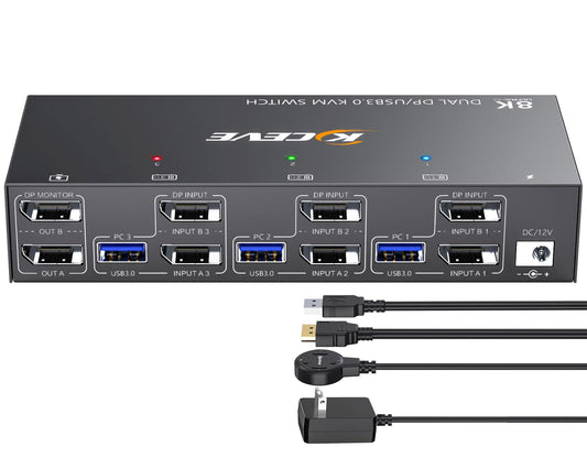 KCEVE KVM Switch 2 Monitors 3 Computers Displayport, USB 3.0 KVM Switch 3 Computer Sharing 2 Monitor and 4 USB 3.0 Devices, 4K@144Hz, Wired Remote(4K
