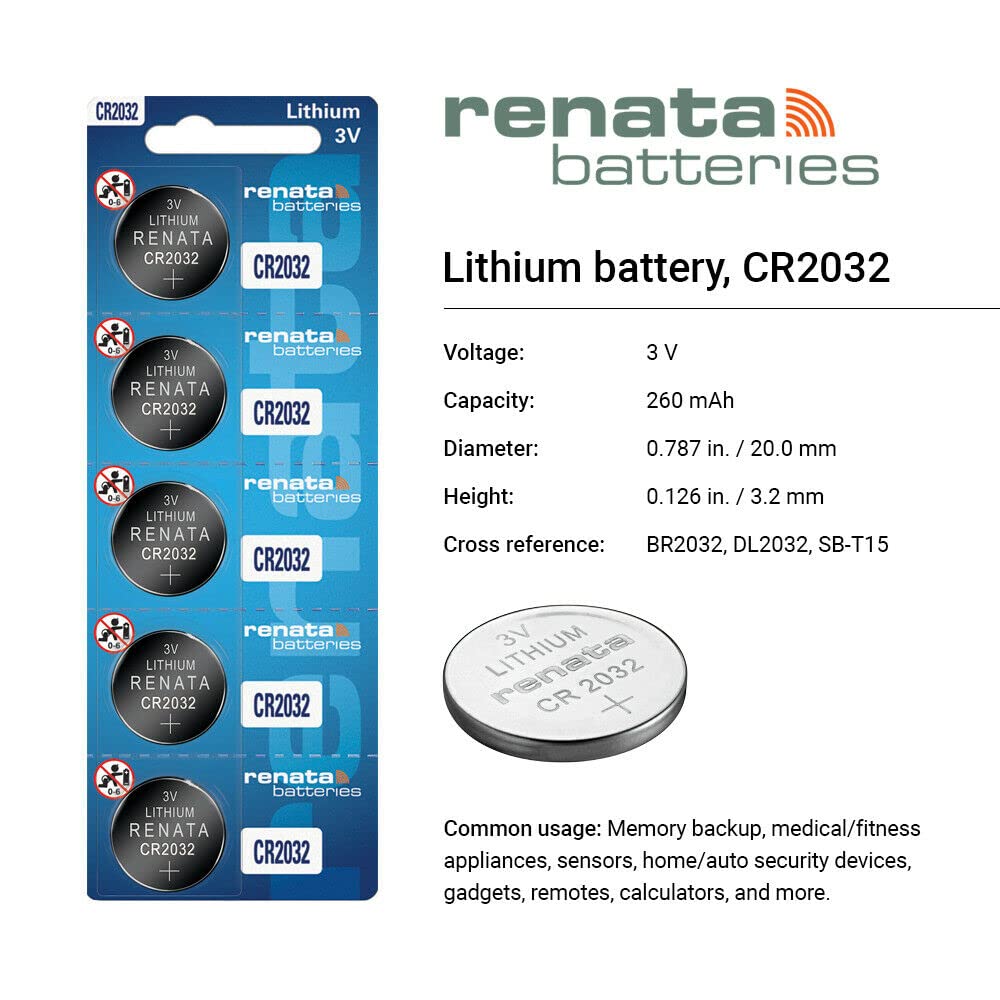 Renata CR2032 Batteries - 3V Lithium Coin Cell 2032 Battery (5 Count)