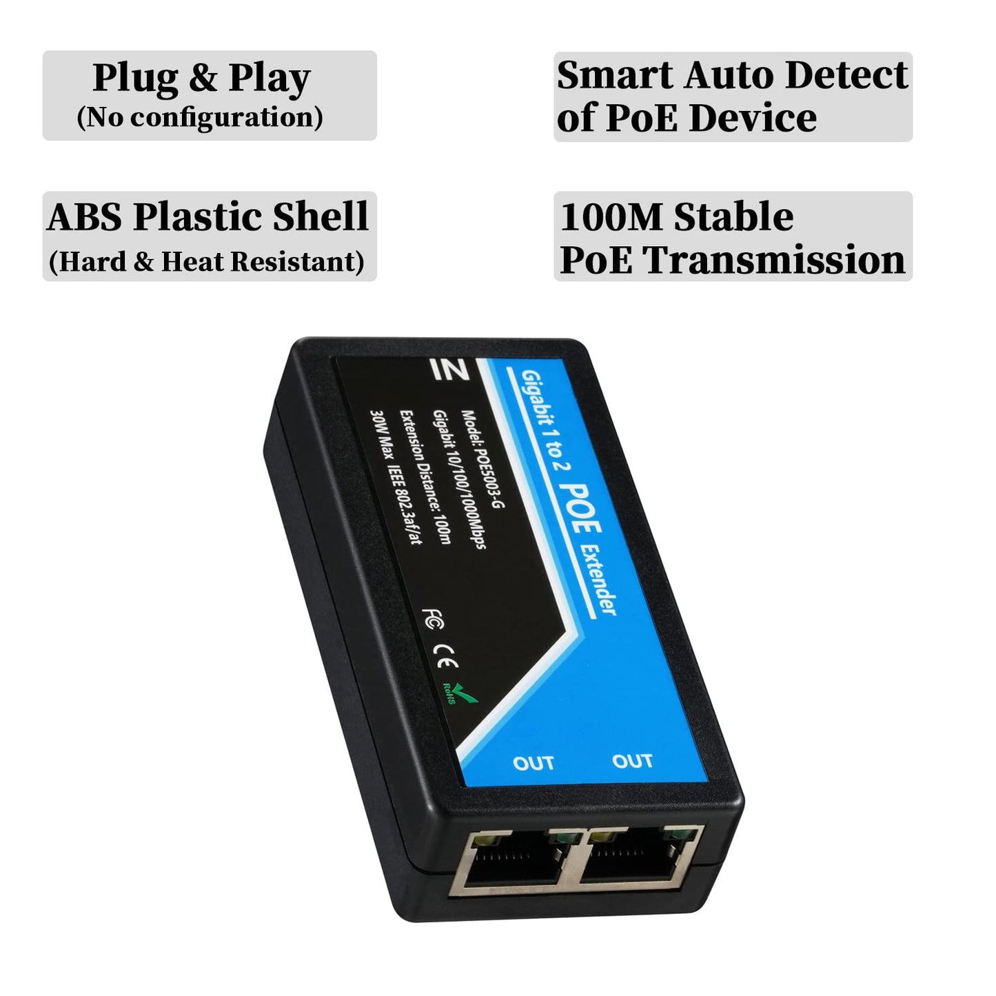 Revotech Gigabit 2 Port POE Extender, IEEE 802.3af/at PoE+ Standard, 10,100,1000Mbps, POE Repeater 100 Meters(328 ft), Extender 1 in 2 Out, Power