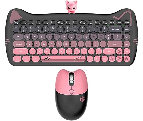 Cute Cat Keyboard and Mouse Combo with Magnetic Cat Figure - Wireless 2.4GHz, Compact Design, for Laptop & Desktop (Black-Pink Gradiant)