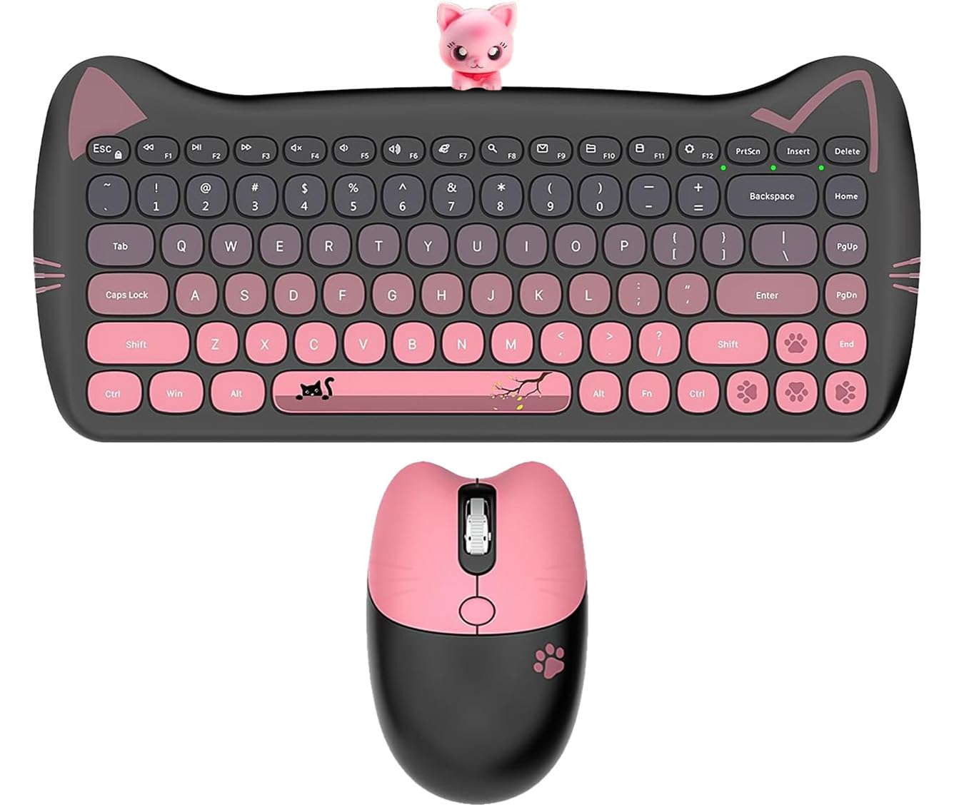 Cute Cat Keyboard and Mouse Combo with Magnetic Cat Figure - Wireless 2.4GHz, Compact Design, for Laptop & Desktop (Black-Pink Gradiant)