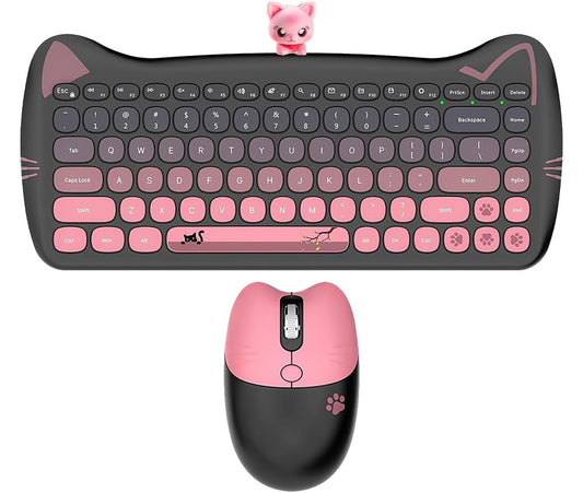 Cute Cat Keyboard and Mouse Combo with Magnetic Cat Figure - Wireless 2.4GHz, Compact Design, for Laptop & Desktop (Black-Pink Gradiant)