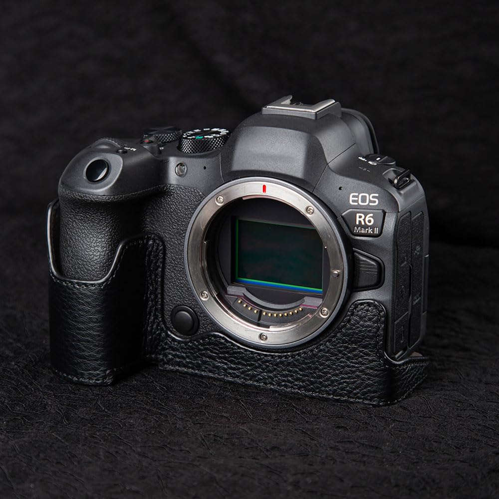 DBZZ R6II Vintage Genuine Leather Camera Case for Canon EOS R6 Mark II Handmade Half-Wrap Camera Protector Cover (Black)