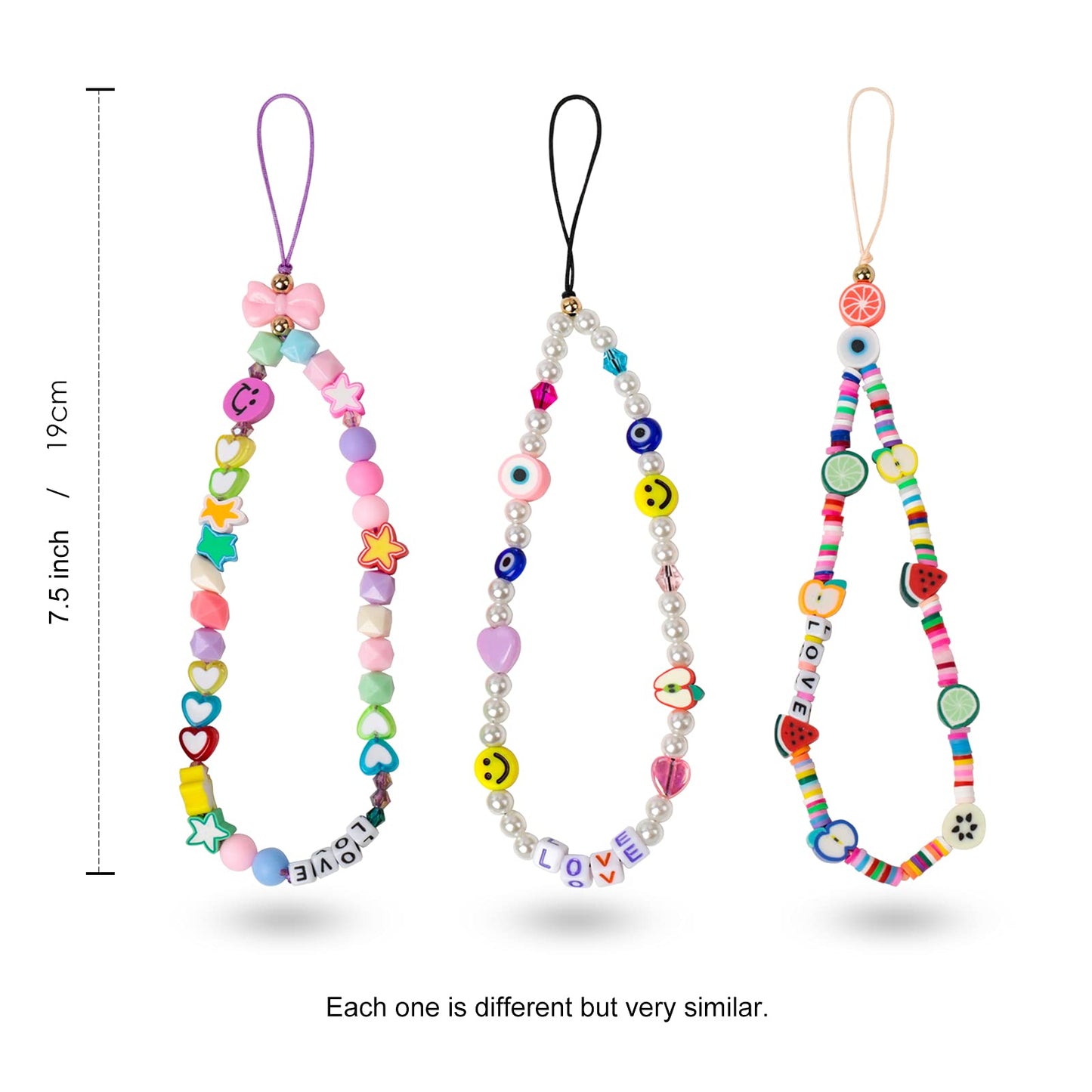 Ninelimi 3 Pieces Smile Face Beaded Phone Lanyard Wrist Strap Fruit Star Letter Pearl Handmade Rainbow Polymer Clay Acrylic Beads Pearl Bracelet