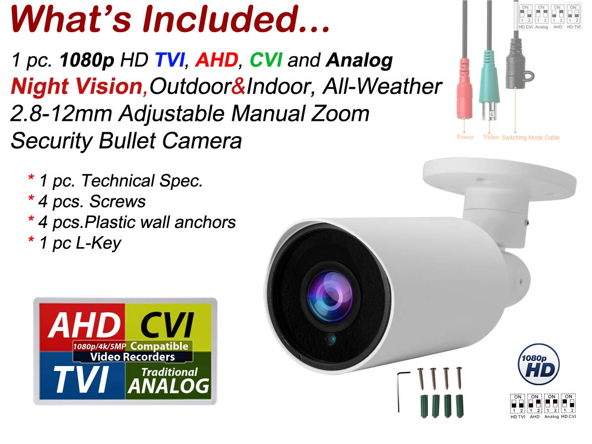 Evertech Upgraded 1080p Outdoor Night Vision CCTV Security Surveillance Bullet Camera 4in1 HD AHD TVI CVI Analog, Manual Zoom, Wall and Ceiling Mount