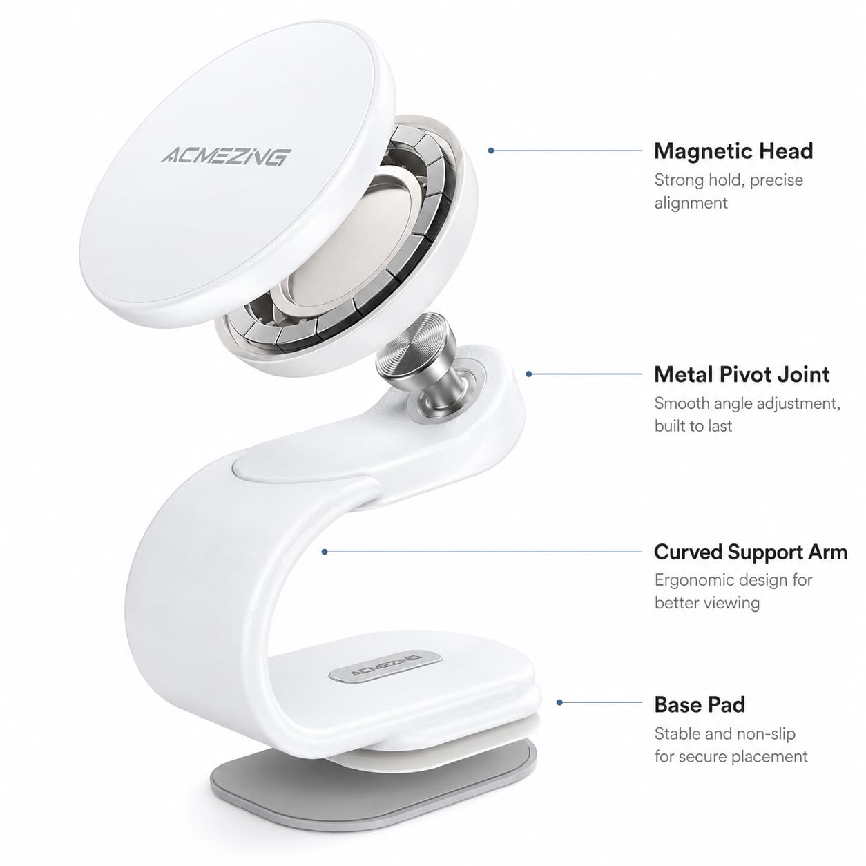 ACMEZING for MagSafe Car Mount, Flexible Memory Alloy Arm Magnetic Phone Holder for Car with 3M Adhesive Base, Dashboard Cell Phone Mount, White