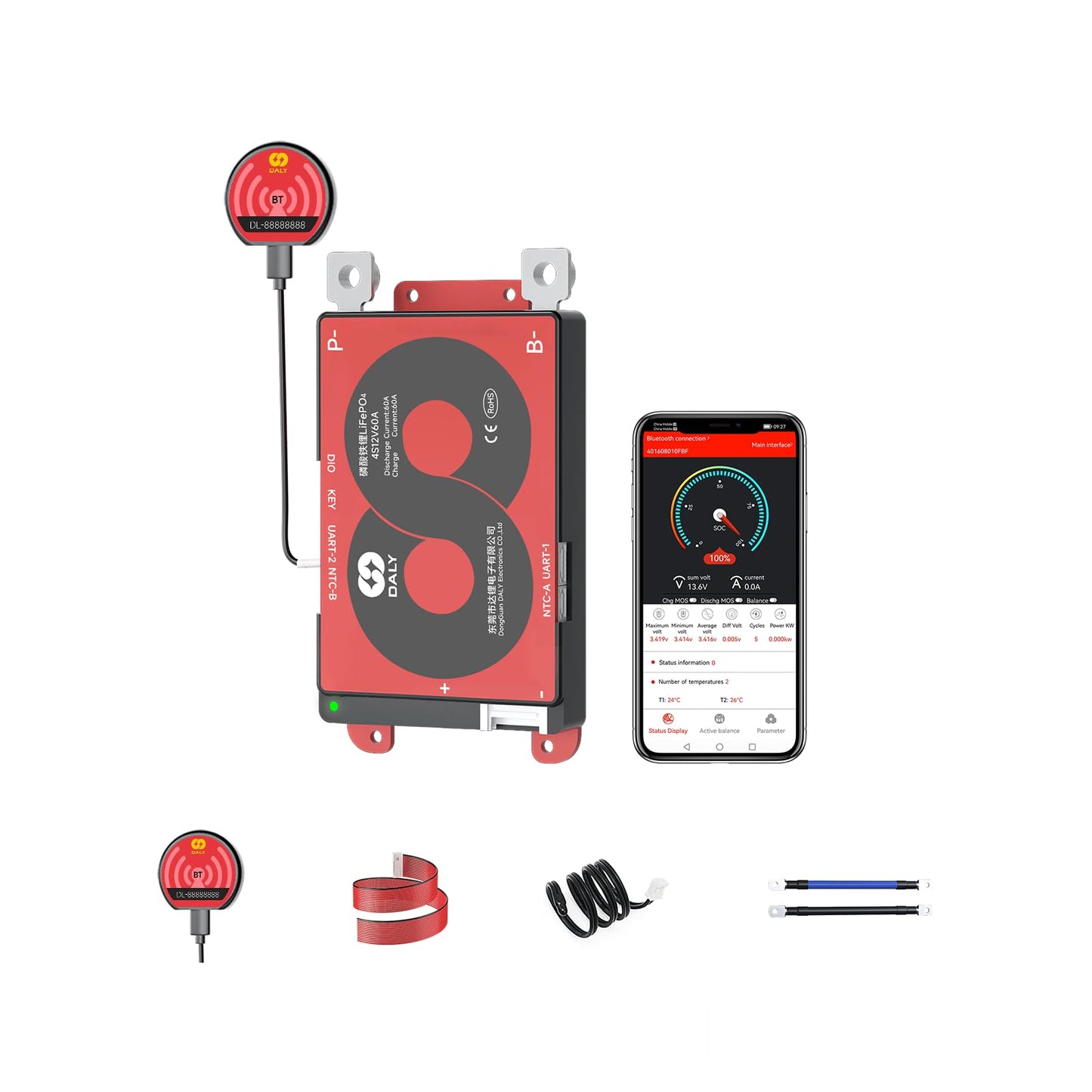 DALY Smart BMS 4S-24S 12V-72V 40A-500A with Bluetooth Module Battery Protection Board for LiFePO4 Battery Pack (LifePO4 4S 12V 60A+BT Module)