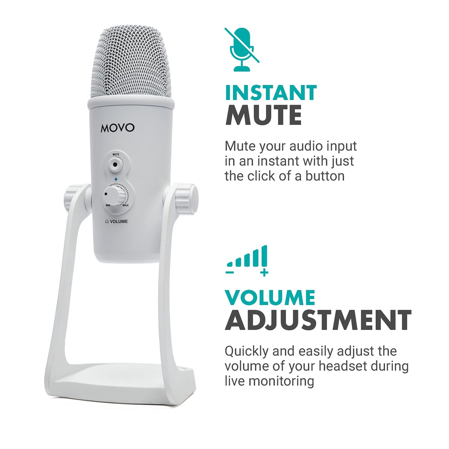 Movo UM700W White Desktop USB Microphone for Computer - Studio Mic with 4 Pickup Patterns - USB Gaming Microphone for PC, Mac, and Android - Best Mic