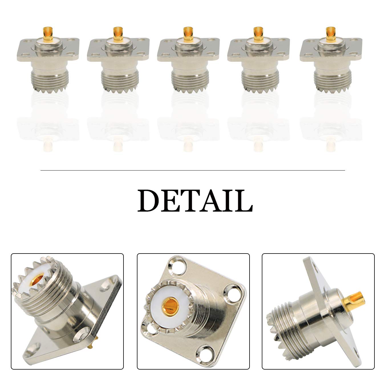 Zovfam 5-Pack SO239 Connector UHF Female Panel Chassis Mount, Pure Brass 4-Hole Flange Solder Cup, Heat-Resistant & Low Loss RF Coaxial Adapter