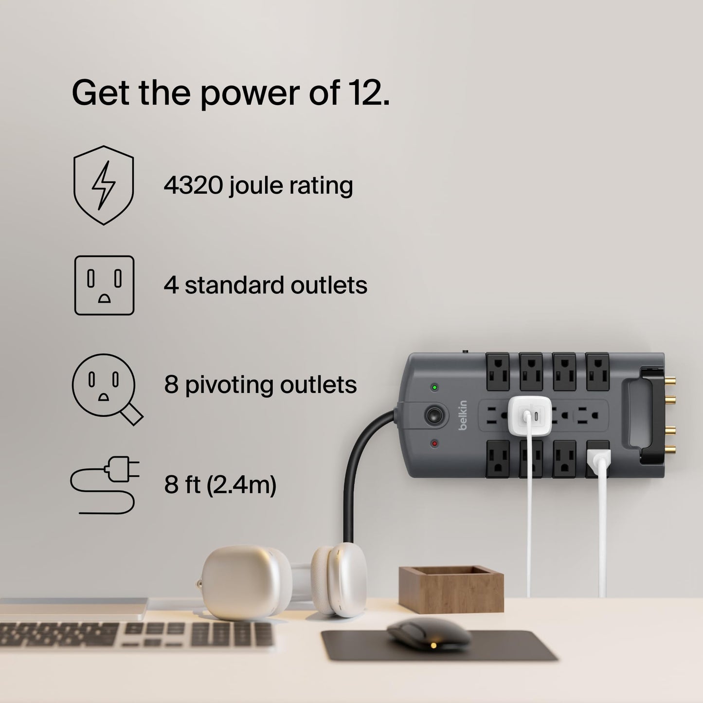 Belkin Surge Protector Power Strip w/ 8 Rotating & 4 Standard Outlets - 8ft Sturdy Extension Cord w/ Flat Pivot Plug for Home, Office, Travel, Desktop