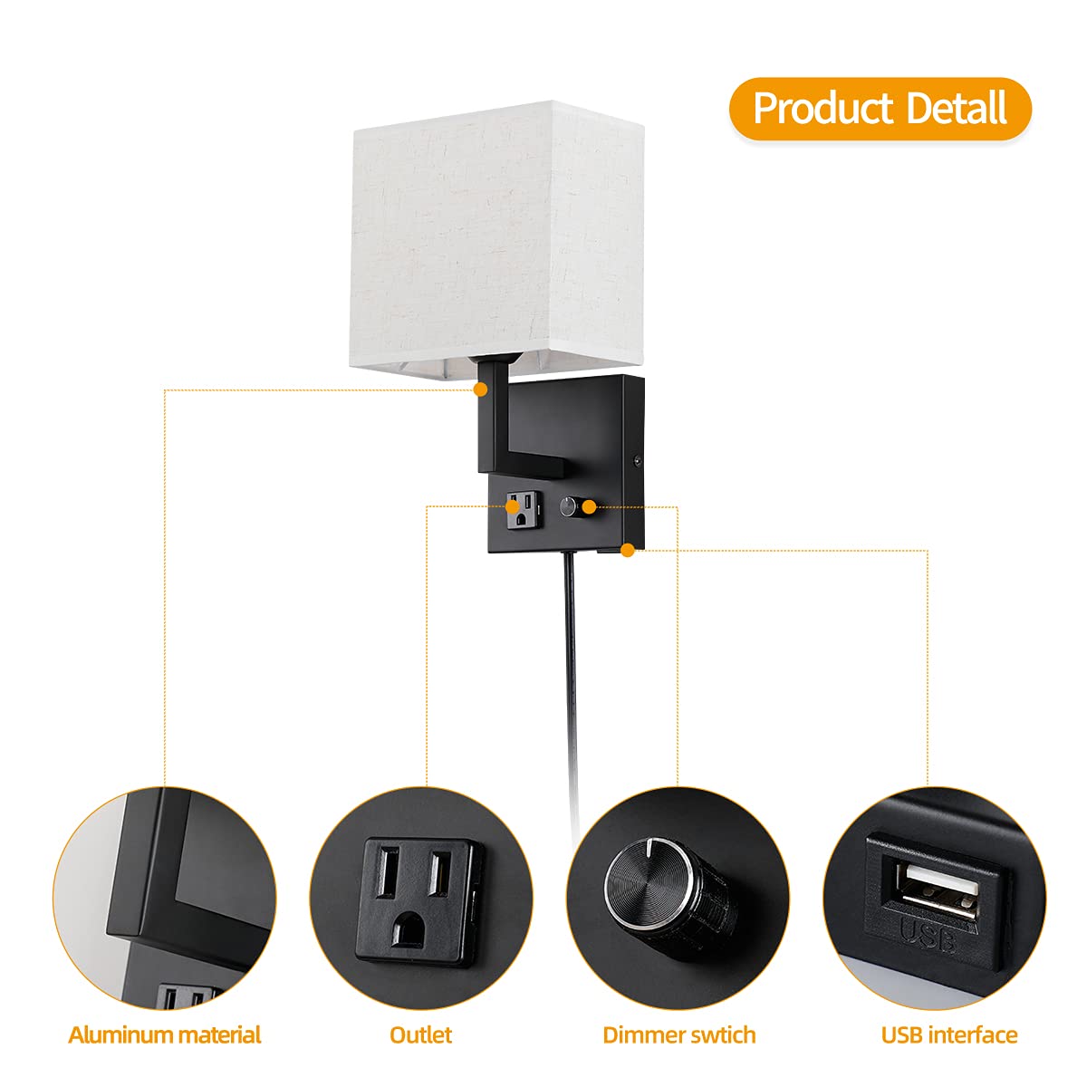 Plug in Wall Sconce, Bedside Wall lamp with Plug and dimmable Switch, with USB Charging Port and Socket, Suitable for Hotel, Corridor, Living Room