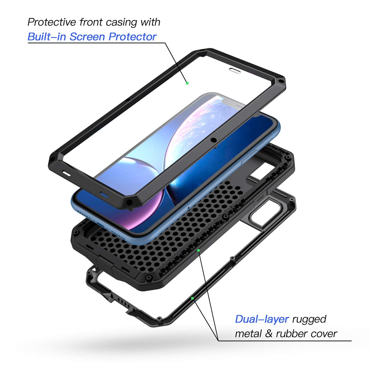 Lanhiem iPhone XR Metal Case, Heavy Duty Shockproof Case with Built-in Glass Screen Protector, Rugged Full Body Protective Cover, Black