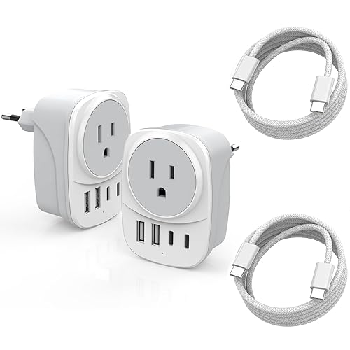 European Travel Plug Adapter,Universal Travel International Power Adapter 2 USBC Port and 2 USBA Port,Fast Charging USB C-C Woven Cable,USB C Power…