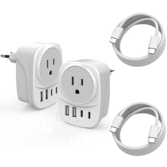 European Travel Plug Adapter,Universal Travel International Power Adapter 2 USBC Port and 2 USBA Port,Fast Charging USB C-C Woven Cable,USB C Power…