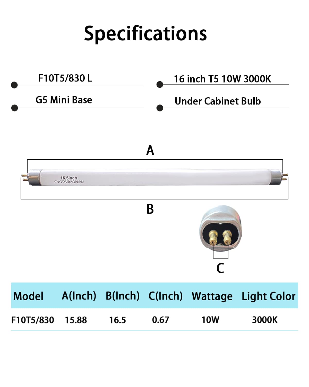 16" F10T5/830/L Fluorescent Light Bulb,T5 10W Warm White Bulbs,G5 Base-3PCS