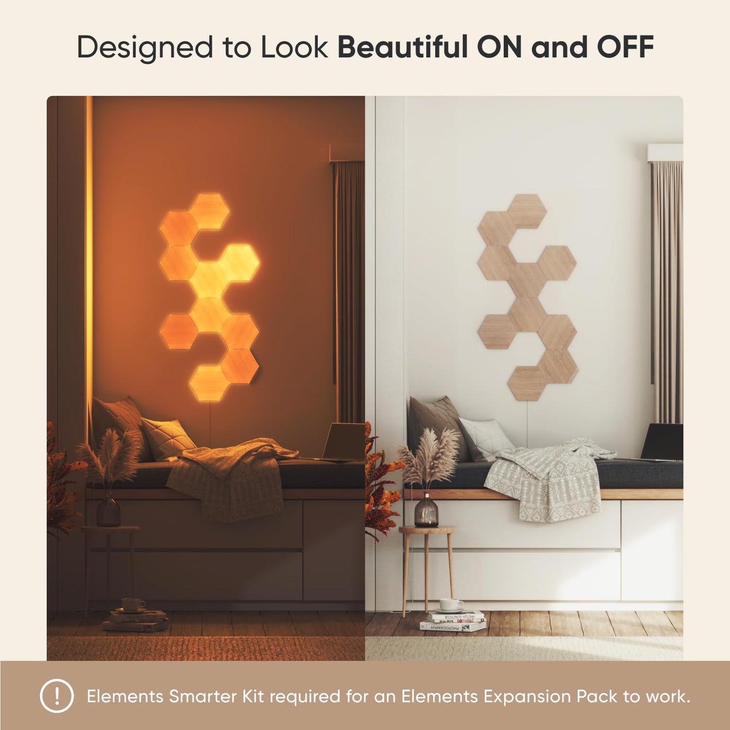 Nanoleaf Elements Wood Look Smart Wall Lights, Hexagon LED Wall Lights Work with Alexa Google Assistant, Home Wall Decor for Living Room with Music