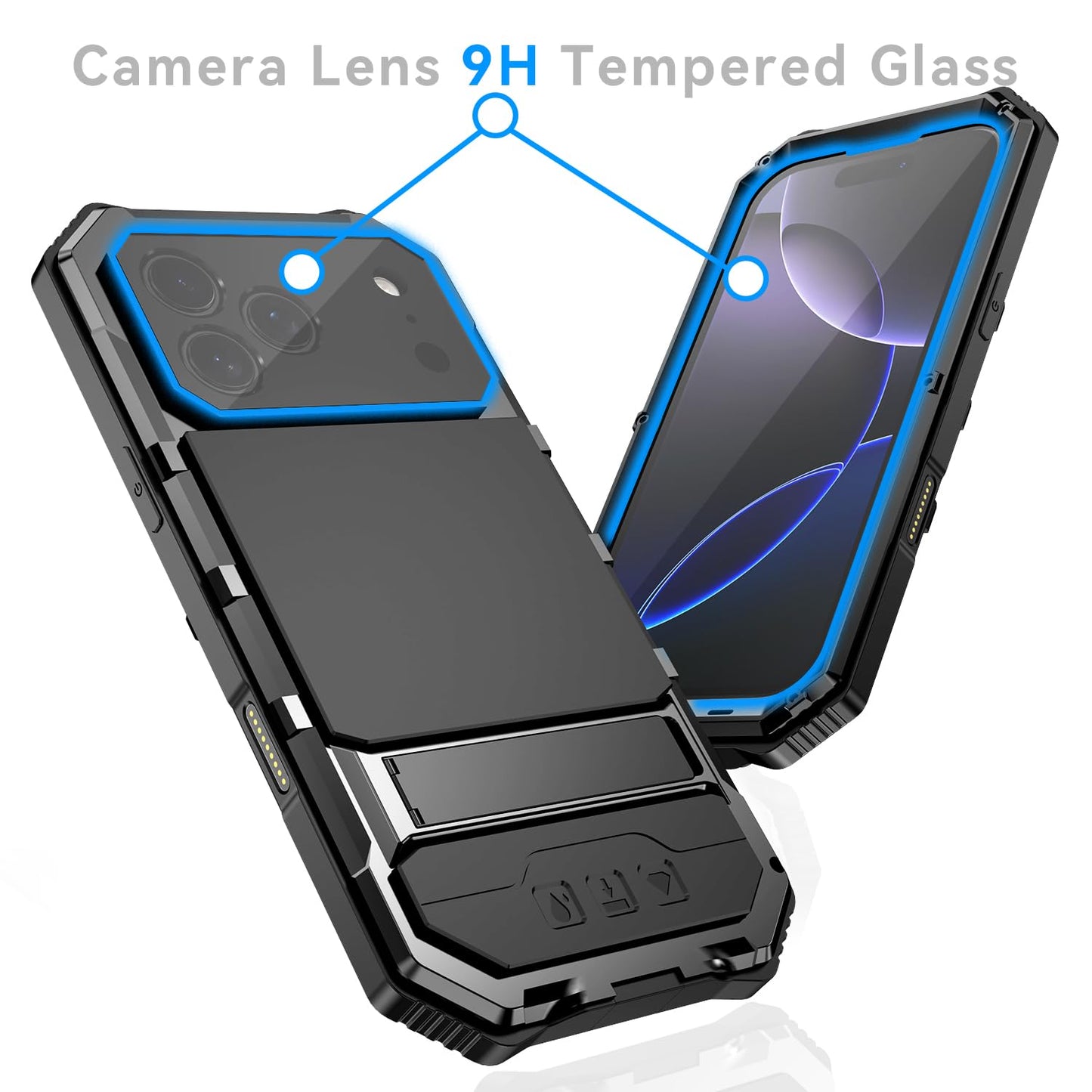 Simicoo Military Metal Heavy Duty Case Compatible with iPhone 17 Pro, Drop Protection Rugged Defender Metal Bumper Screws Phone Cover with Stand