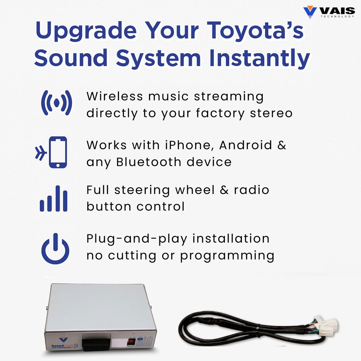 VAIS Technology SL3b-T Bluetooth Audio Adapter - Wireless Music Streaming Add-On Compatible with Most Toyota 2004-2012 Vehicles - Retains Steering