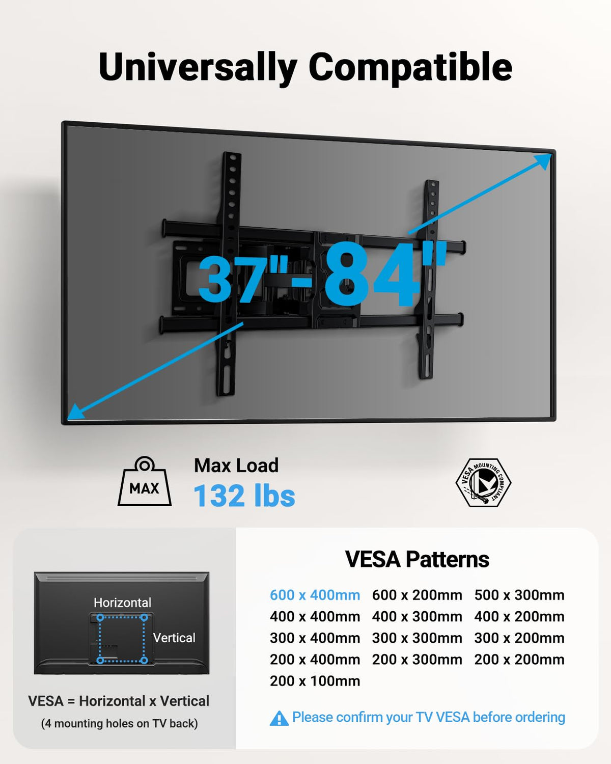 Pipishell Full Motion TV Wall Mount for Most 37-84 Inch TVs up to 132lbs