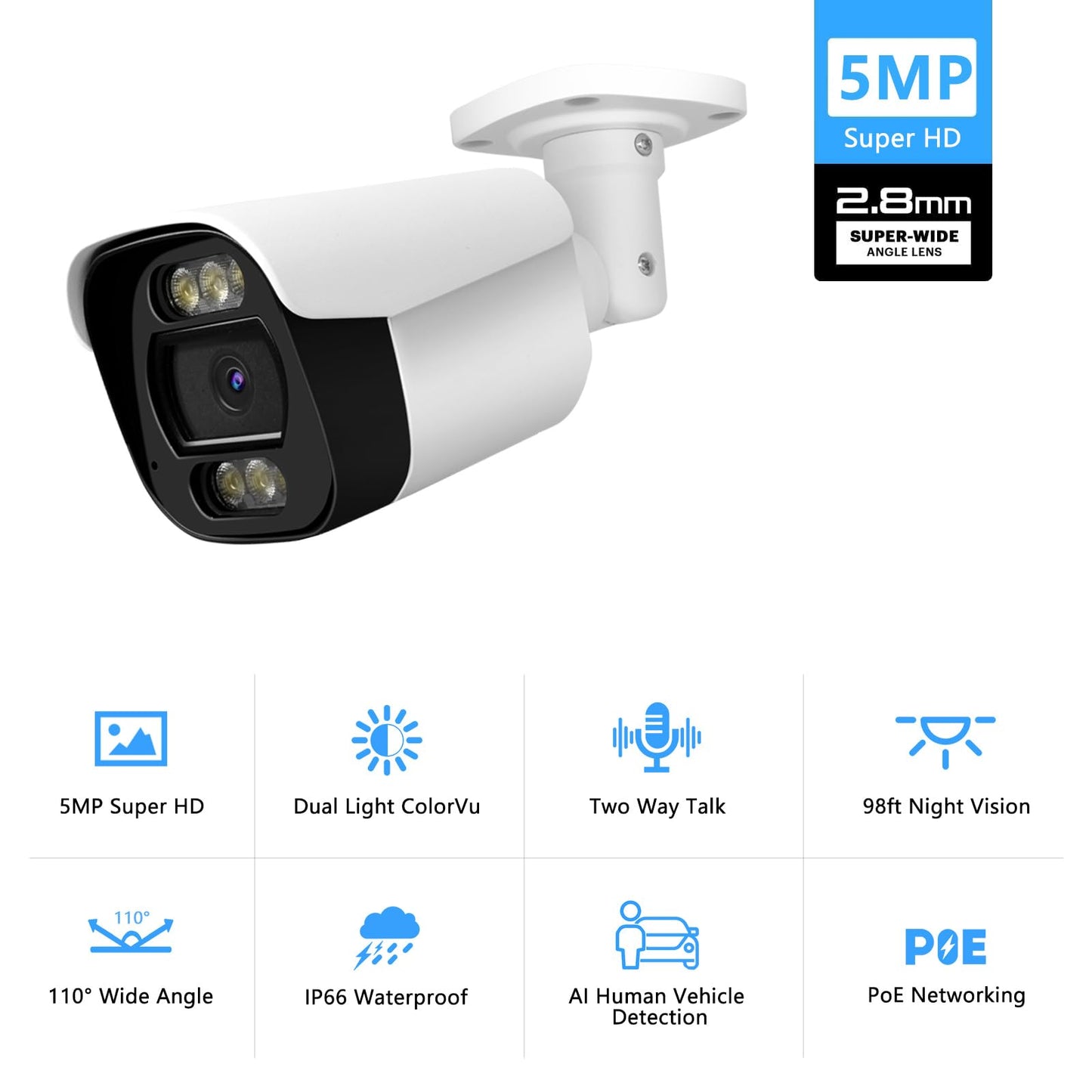 Tennoz 5MP PoE IP Bullet Camera Outdoor, Full Color Security IP Camera with Smart Dual Light, Two Way Talk, 98ft Night Vision, 110°Wide Angle