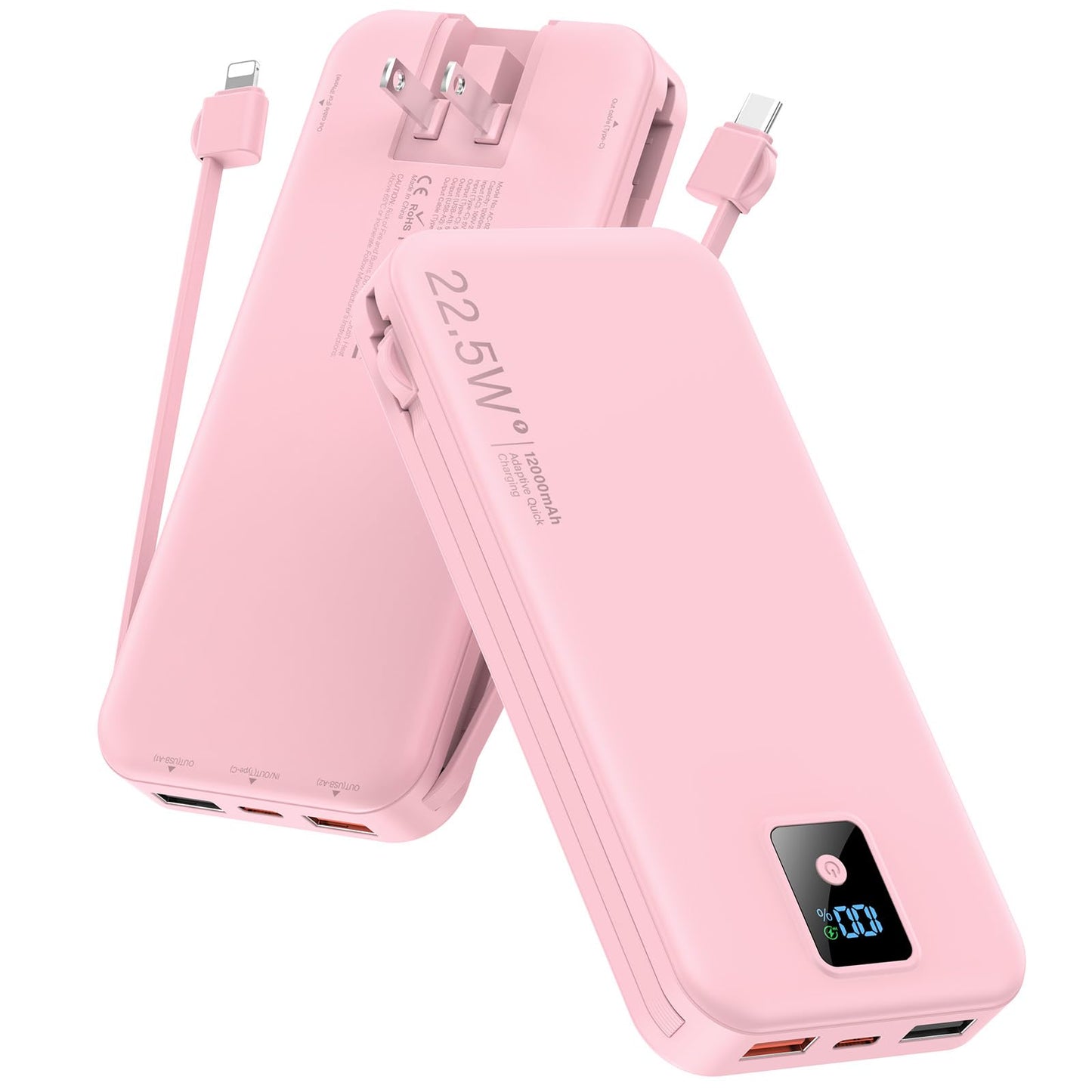 Rngsnoy Portable Charger 12000mAh 22.5W w/Built-in Cable & Wall Plug Pink
