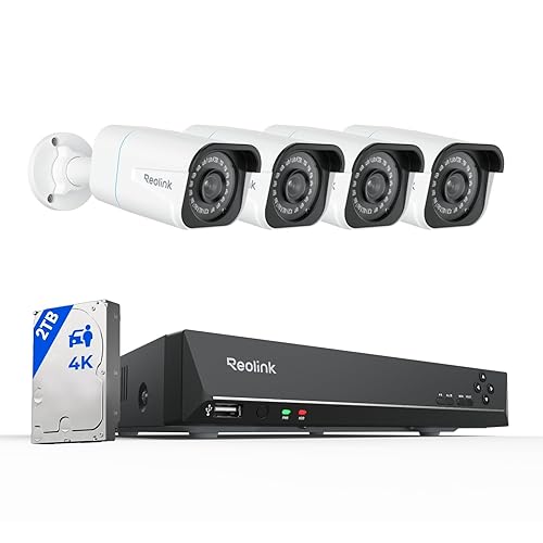 REOLINK 4K Security Camera System - H.265 4pcs PoE Security Cameras Wired with Person Vehicle Detection, 8MP/4K 8CH NVR with 2TB HDD for 24-7