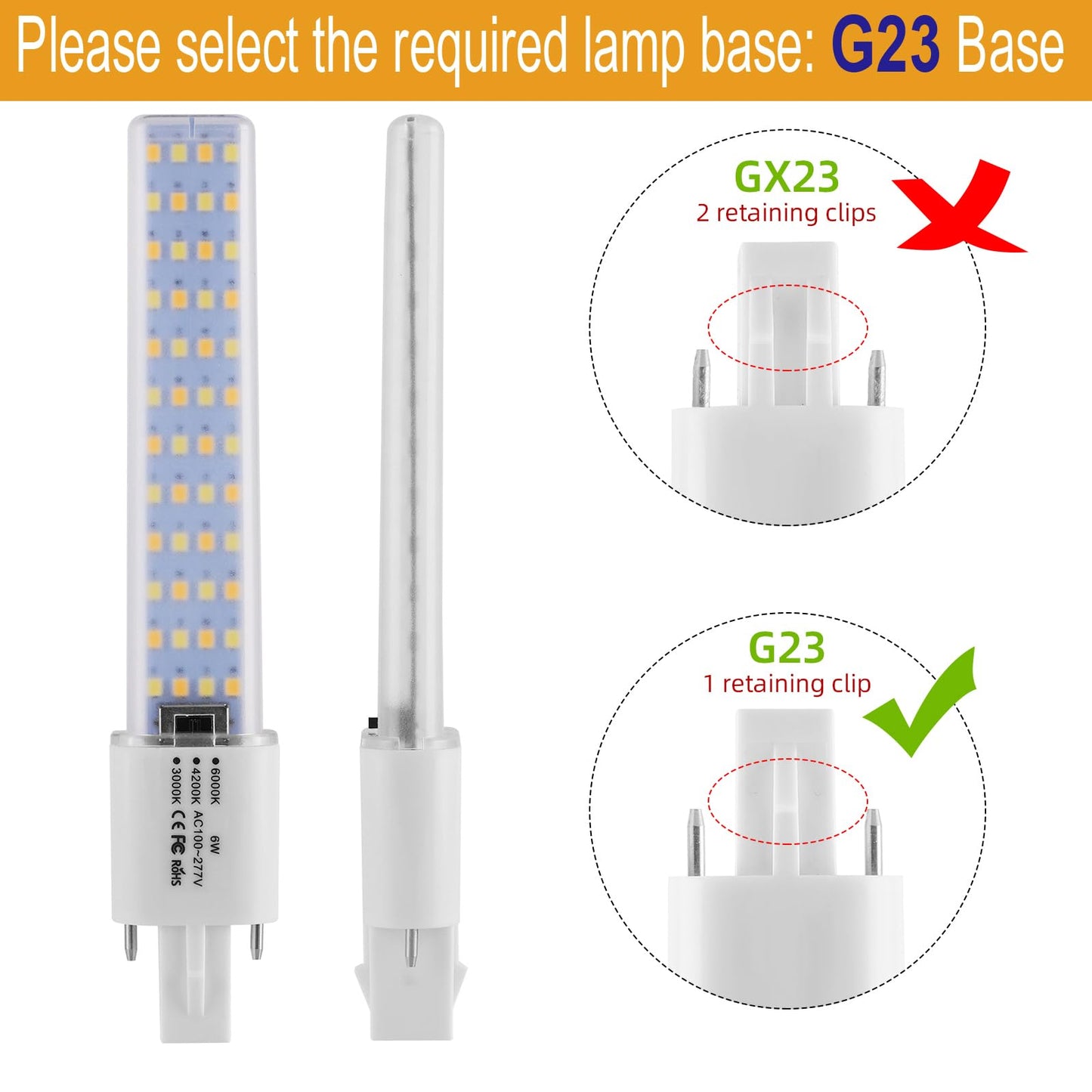 Lidesheng G23 LED Light Bulb 6W Replacement 13W CFL LED Stick PL Bulb G23-2 Pin Base, 3 Color Selectable 3000K/4200K/6000K 360° Beam Angle, Driven by