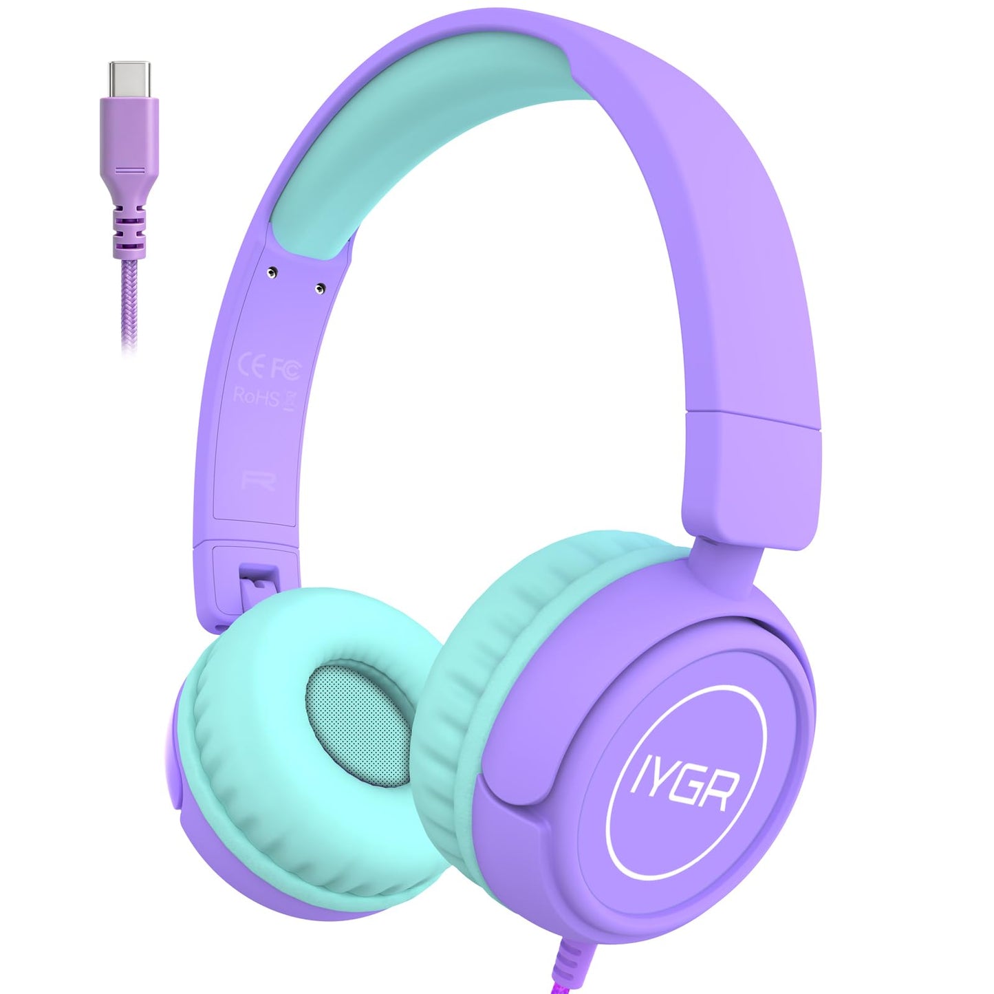 IYGR K6C Kids Headphones with USB-C, for Toddler & Kids Ages 2-12, 85dB Safe Volume Limited, Adjustable Headband & Foldable Wired, On-Ear Headphones