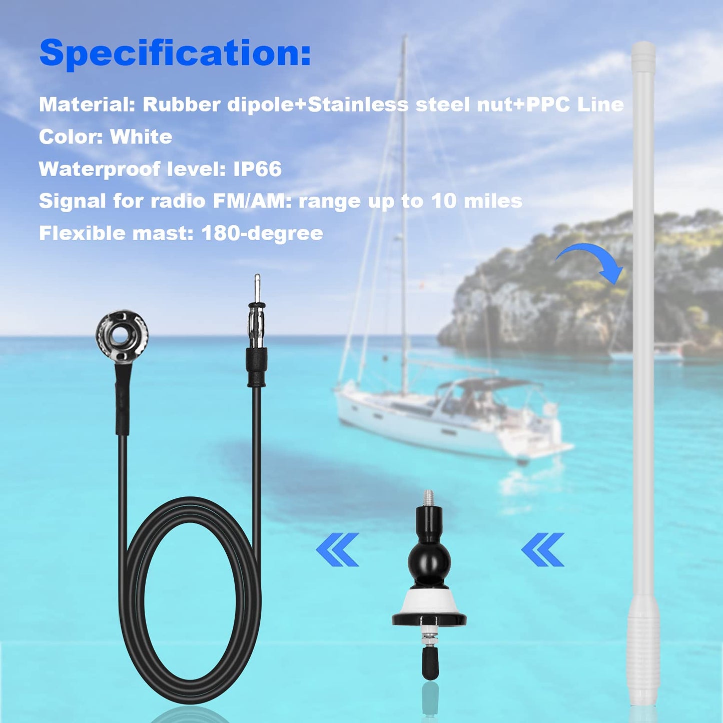 Boat Antennas Waterproof Marine Radio Antenna Car Flexible Rubber Mast FM AM Antenna for ATV UTV RZR SPA Yacht Camper GA057W (White)